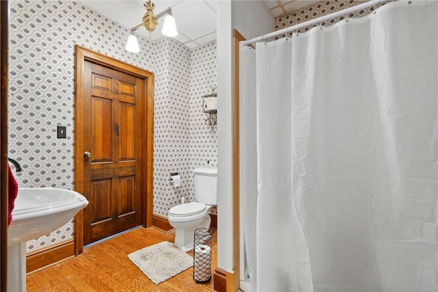 205 S Ford St, Anamosa, IA 52205 - bathroom featuring wallpapered walls, wood finished floors, toilet, and a shower with curtain