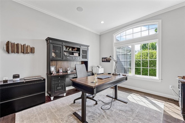 6712 Spring Grove Ct NE, Cedar Rapids, IA 52411 - office featuring wood finished floors, baseboards, healthy amount of natural light, crown molding, and recessed lighting