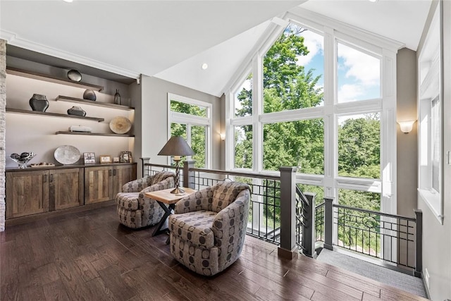 6712 Spring Grove Ct NE, Cedar Rapids, IA 52411 - sitting room with high vaulted ceiling, an upstairs landing, dark wood finished floors, and plenty of natural light