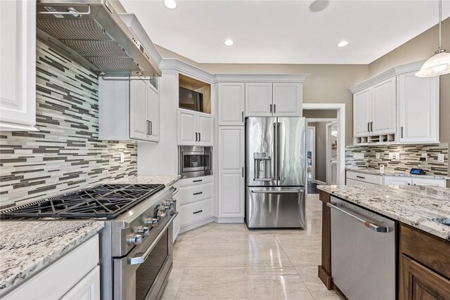 6712 Spring Grove Ct NE, Cedar Rapids, IA 52411 - kitchen with high quality appliances, range hood, tasteful backsplash, light marble finish flooring, and white cabinets
