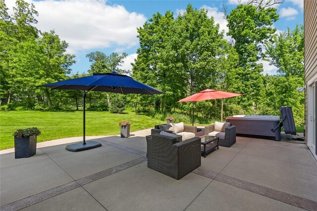 6712 Spring Grove Ct NE, Cedar Rapids, IA 52411 - view of patio featuring a hot tub and outdoor lounge area