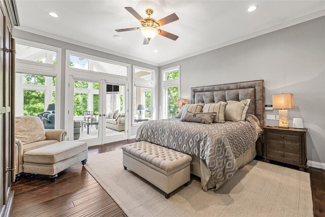 6712 Spring Grove Ct NE, Cedar Rapids, IA 52411 - bedroom featuring access to outside, ornamental molding, french doors, hardwood / wood-style flooring, and recessed lighting