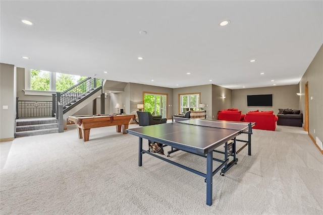 6712 Spring Grove Ct NE, Cedar Rapids, IA 52411 - rec room with recessed lighting, healthy amount of natural light, light carpet, pool table, and baseboards