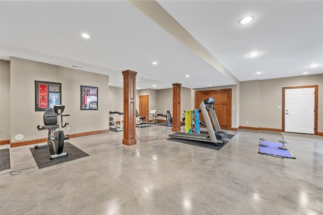 6712 Spring Grove Ct NE, Cedar Rapids, IA 52411 - workout room featuring baseboards, decorative columns, and recessed lighting