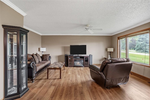 2914 Windy Ridge Rd NE, Swisher, IA 52338 - living area with wood finished floors, a textured ceiling, crown molding, a ceiling fan, and a glass covered fireplace