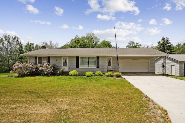 75 Jefferson Ave SW, Swisher, IA 52238 - ranch-style home with a garage, concrete driveway, a front lawn, and a chimney