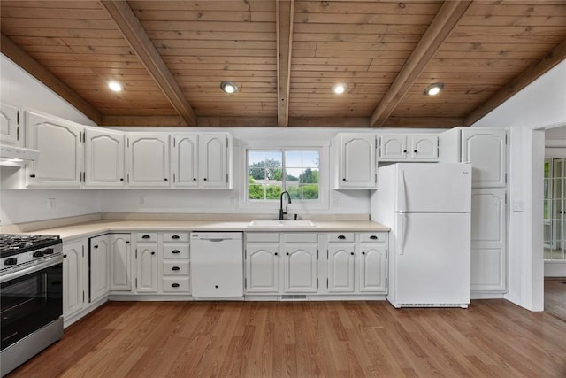 1220 Northwood Ln, Muscatine, IA 52761 - kitchen featuring white appliances, a sink, wood ceiling, white cabinets, and light wood-type flooring