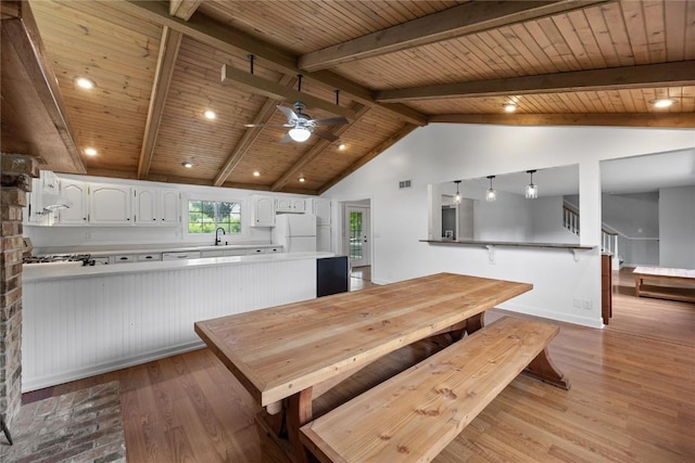 1220 Northwood Ln, Muscatine, IA 52761 - dining room with wood ceiling, a ceiling fan, stairway, and light wood-style flooring