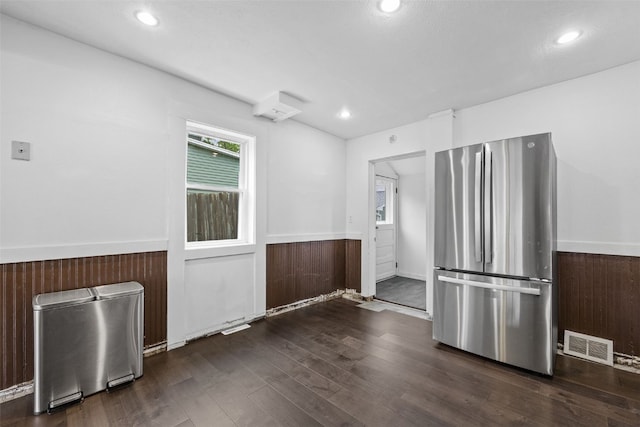 1298 14th Ave, Marion, IA 52302 - kitchen featuring freestanding refrigerator, wainscoting, dark wood-type flooring, recessed lighting, and wood walls