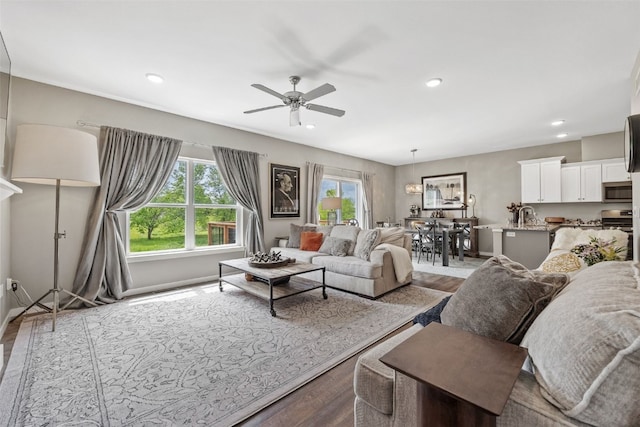 1225 Daisy Cir, North Liberty, IA 52317 - living room featuring wood finished floors, a ceiling fan, and recessed lighting