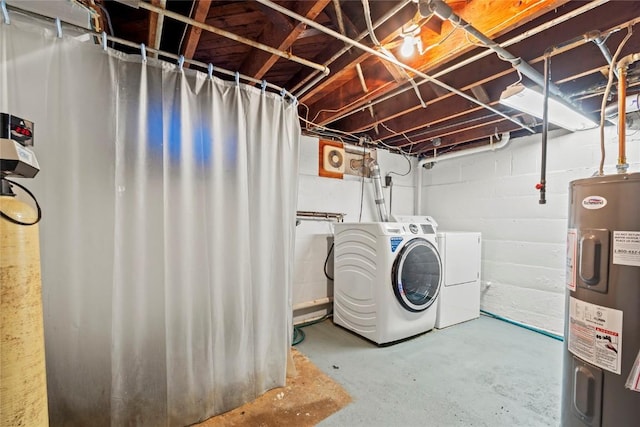 405 6th Ave, Clarence, IA 52216 - unfinished below grade area with electric water heater, washing machine and clothes dryer, and concrete block wall