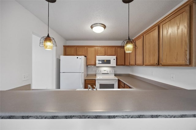 80 Florence Way, North Liberty, IA 52317 - kitchen featuring white appliances, brown cabinetry, pendant lighting, a textured ceiling, and a peninsula