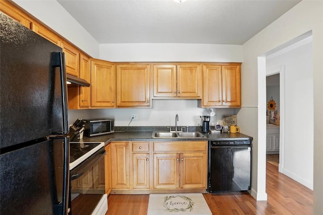 215 40th St Dr SE Unit 304, Cedar Rapids, IA 52403 - kitchen featuring black appliances, a sink, light wood-type flooring, dark countertops, and under cabinet range hood