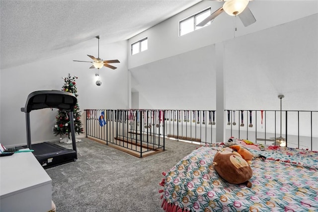 215 40th St Dr SE Unit 304, Cedar Rapids, IA 52403 - carpeted bedroom featuring a textured ceiling, a ceiling fan, and high vaulted ceiling