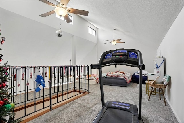 215 40th St Dr SE Unit 304, Cedar Rapids, IA 52403 - workout area featuring a ceiling fan, carpet, vaulted ceiling, a textured ceiling, and baseboards