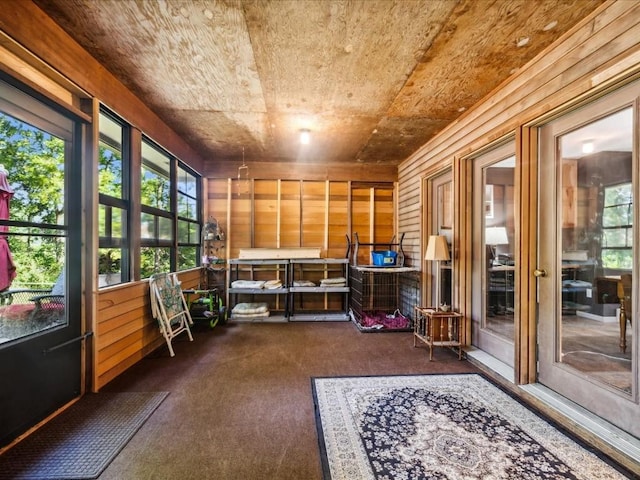 1901 42nd St SE, Cedar Rapids, IA 52403 - sunroom / solarium with carpet, wood walls, and wood ceiling