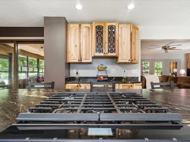 1901 42nd St SE, Cedar Rapids, IA 52403 - kitchen featuring light brown cabinetry, dark countertops, a textured ceiling, plenty of natural light, and ceiling fan
