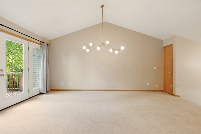 6967 Doubletree Rd NE, Cedar Rapids, IA 52402 - unfurnished room with light colored carpet, a chandelier, lofted ceiling, and baseboards