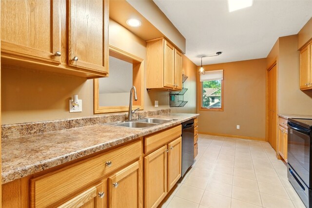 6967 Doubletree Rd NE, Cedar Rapids, IA 52402 - kitchen featuring a sink, black appliances, light countertops, baseboards, and light tile patterned flooring