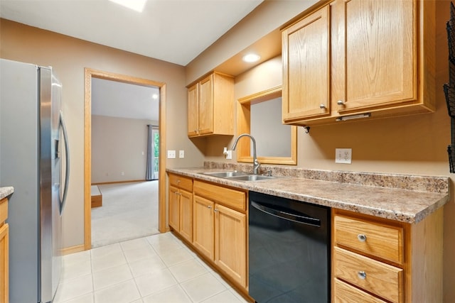 6967 Doubletree Rd NE, Cedar Rapids, IA 52402 - kitchen with black dishwasher, stainless steel fridge with ice dispenser, a sink, light carpet, and light countertops