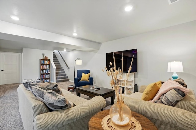927 Summit Ct, Tiffin, IA 52340 - living area with carpet, stairs, and recessed lighting