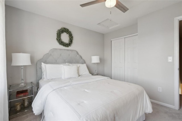 5150 Prairie Ridge Dr, Marion, IA 52302 - bedroom featuring a closet, light carpet, ceiling fan, and baseboards