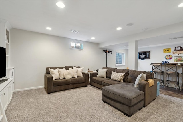 5150 Prairie Ridge Dr, Marion, IA 52302 - living room featuring recessed lighting, light carpet, and baseboards