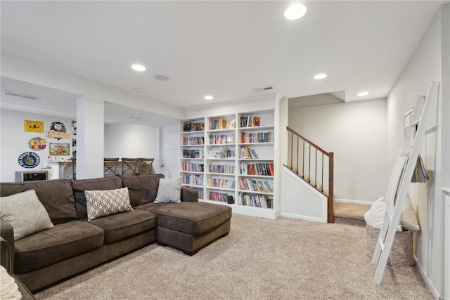 5150 Prairie Ridge Dr, Marion, IA 52302 - living room featuring carpet flooring, recessed lighting, and stairway