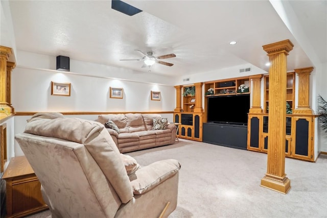 2545 F52 Trl, Parnell, IA 52325 - carpeted living area with decorative columns, ceiling fan, and recessed lighting