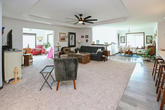 3902 Bluebird Dr SW, Cedar Rapids, IA 52404 - living room with a tray ceiling, wood finished floors, and a ceiling fan