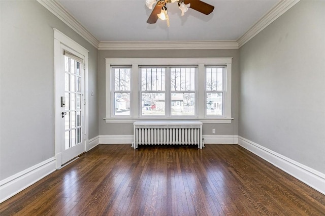 384 21st St SE, Cedar Rapids, IA 52403 - empty room featuring radiator, hardwood / wood-style flooring, ceiling fan, healthy amount of natural light, and crown molding