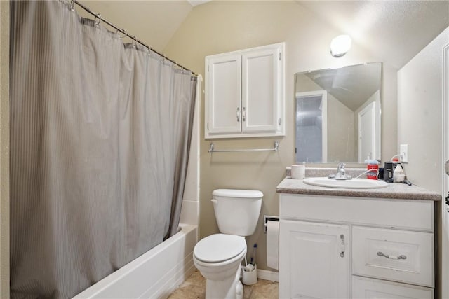 311 3rd St S, Coggon, IA 52218 - bathroom featuring vanity, toilet, lofted ceiling, shower / tub combo, and tile patterned flooring