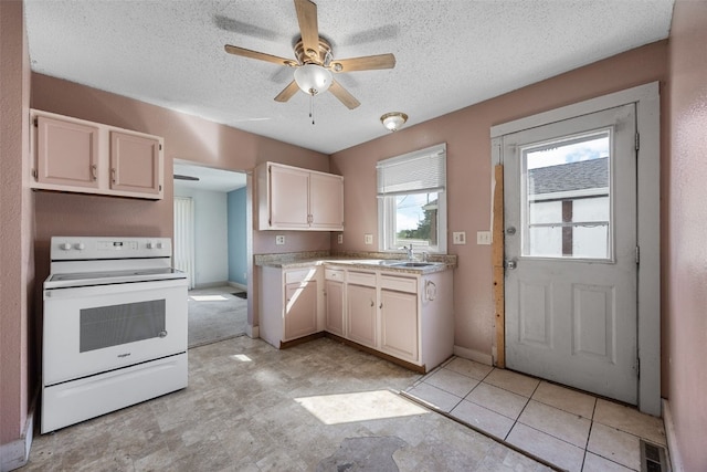 87 14th Ave SW, Cedar Rapids, IA 52404 - kitchen with white electric range, ceiling fan, a textured ceiling, a sink, and light countertops