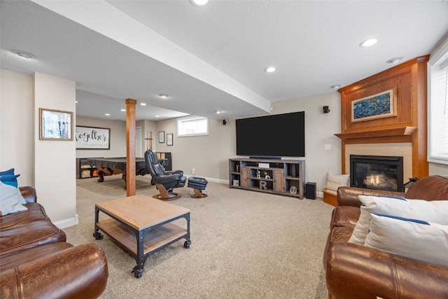 2545 Silver Oak Trl, Marion, IA 52302 - carpeted living area with a large fireplace, recessed lighting, and baseboards