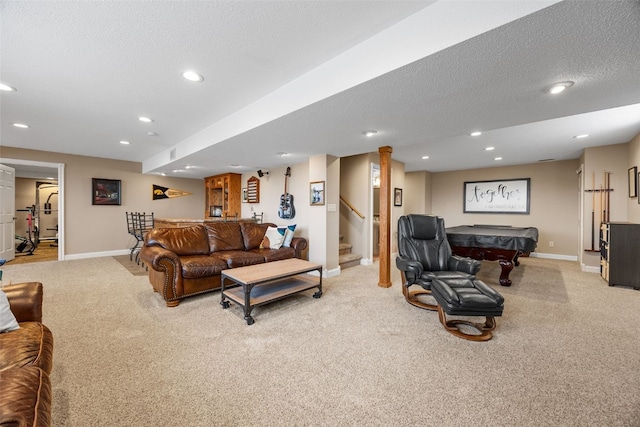 2545 Silver Oak Trl, Marion, IA 52302 - living area featuring light carpet, billiards, baseboards, recessed lighting, and a textured ceiling