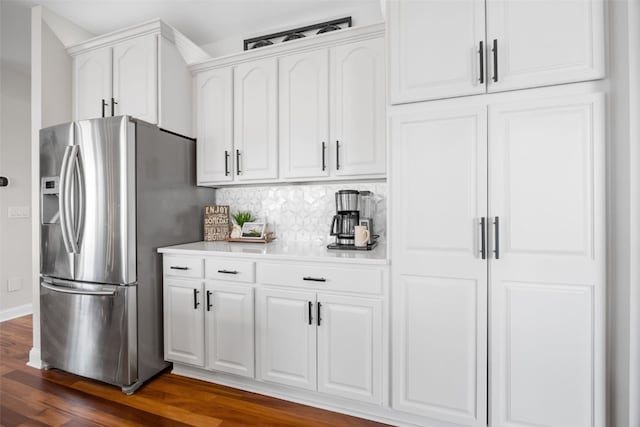 2545 Silver Oak Trl, Marion, IA 52302 - kitchen featuring stainless steel refrigerator with ice dispenser, dark wood finished floors, white cabinets, and light countertops