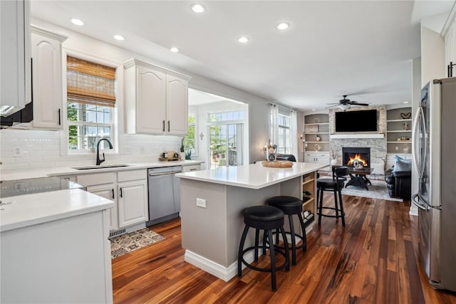 2545 Silver Oak Trl, Marion, IA 52302 - kitchen with appliances with stainless steel finishes, a sink, a ceiling fan, open floor plan, and a fireplace