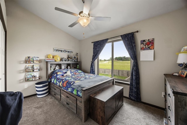 1330 Redbud Ave, Tiffin, IA 52340 - bedroom featuring carpet, baseboards, lofted ceiling, and a ceiling fan