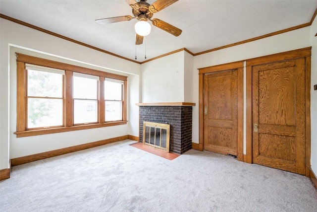 662 19th Ave SW, Cedar Rapids, IA 52404 - unfurnished living room featuring baseboards, carpet, a ceiling fan, a brick fireplace, and ornamental molding