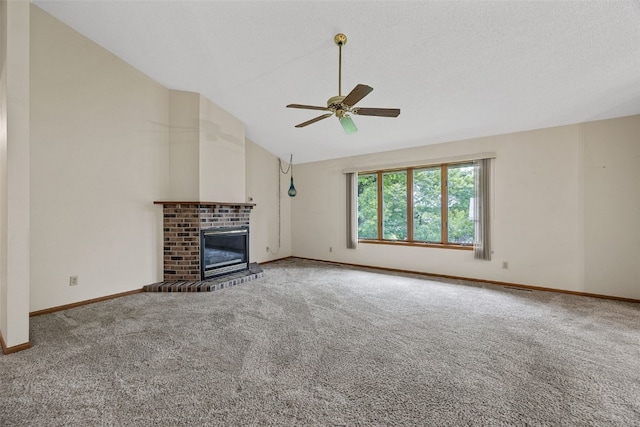 1042 Arthur Dr NW, Cedar Rapids, IA 52405 - unfurnished living room featuring carpet, lofted ceiling, ceiling fan, and a brick fireplace