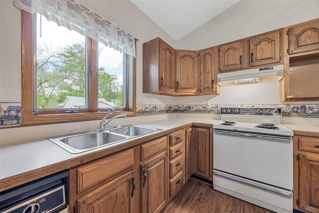 1042 Arthur Dr NW, Cedar Rapids, IA 52405 - kitchen with white range with electric stovetop, under cabinet range hood, vaulted ceiling, brown cabinetry, and light countertops