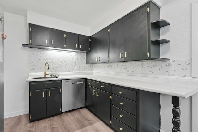 654 34th St SE, Cedar Rapids, IA 52403 - kitchen with dishwasher, a sink, open shelves, and light wood-type flooring