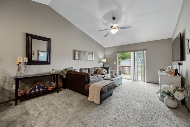 302 Duchess Dr, Solon, IA 52333 - living room featuring lofted ceiling, carpet floors, and a ceiling fan