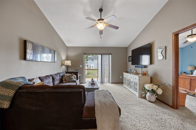 302 Duchess Dr, Solon, IA 52333 - carpeted living area featuring a ceiling fan, lofted ceiling, and baseboards