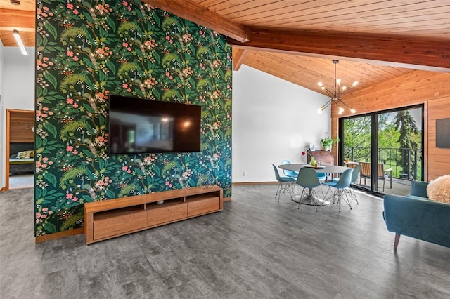 3715 170th St NE, Solon, IA 52333 - living area with a chandelier, wood ceiling, wood finished floors, and baseboards