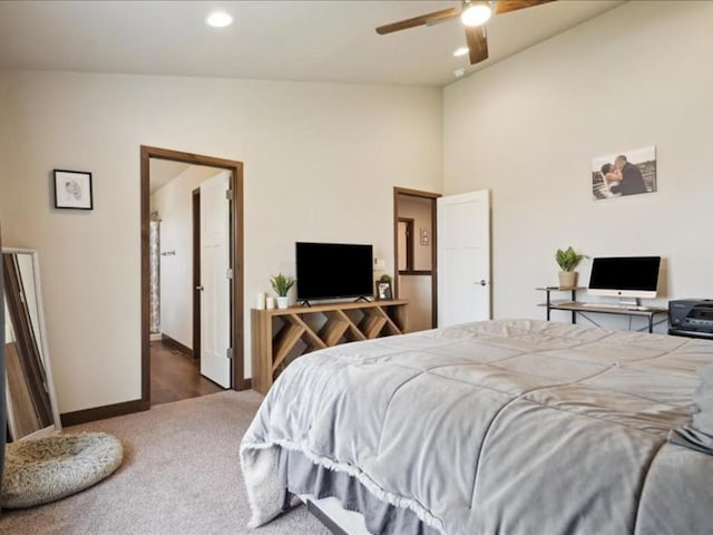 902 Creekside Dr, Tiffin, IA 52340 - bedroom featuring lofted ceiling, carpet floors, baseboards, recessed lighting, and a ceiling fan