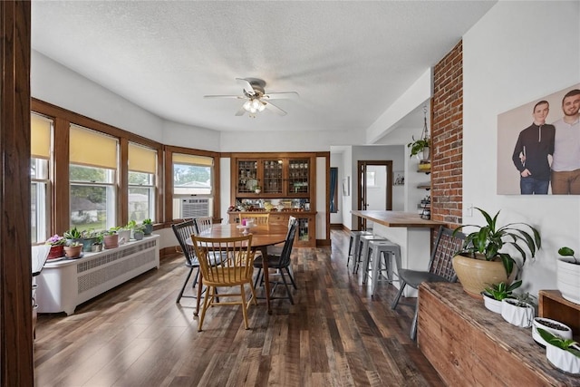 540 E 4th St, Tipton, IA 52772 - dining area with radiator, a ceiling fan, dark wood-type flooring, and a textured ceiling