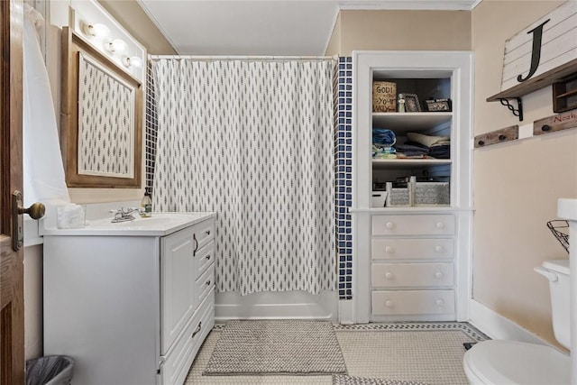540 E 4th St, Tipton, IA 52772 - full bath featuring vanity, toilet, a shower with curtain, tile patterned flooring, and crown molding
