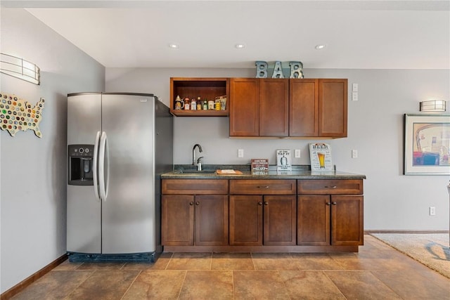 1617 Hunters Field Ln, Marion, IA 52302 - kitchen featuring stainless steel fridge with ice dispenser, a sink, baseboards, recessed lighting, and open shelves