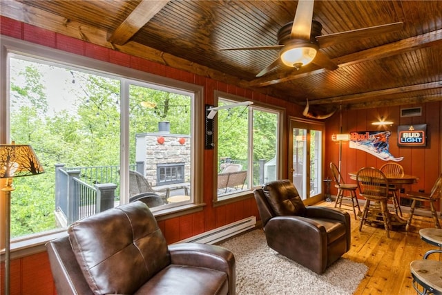 2232 Birchwood Dr NE, Cedar Rapids, IA 52402 - sunroom featuring a baseboard heating unit, wooden walls, wood ceiling with exposed beams, and hardwood / wood-style floors